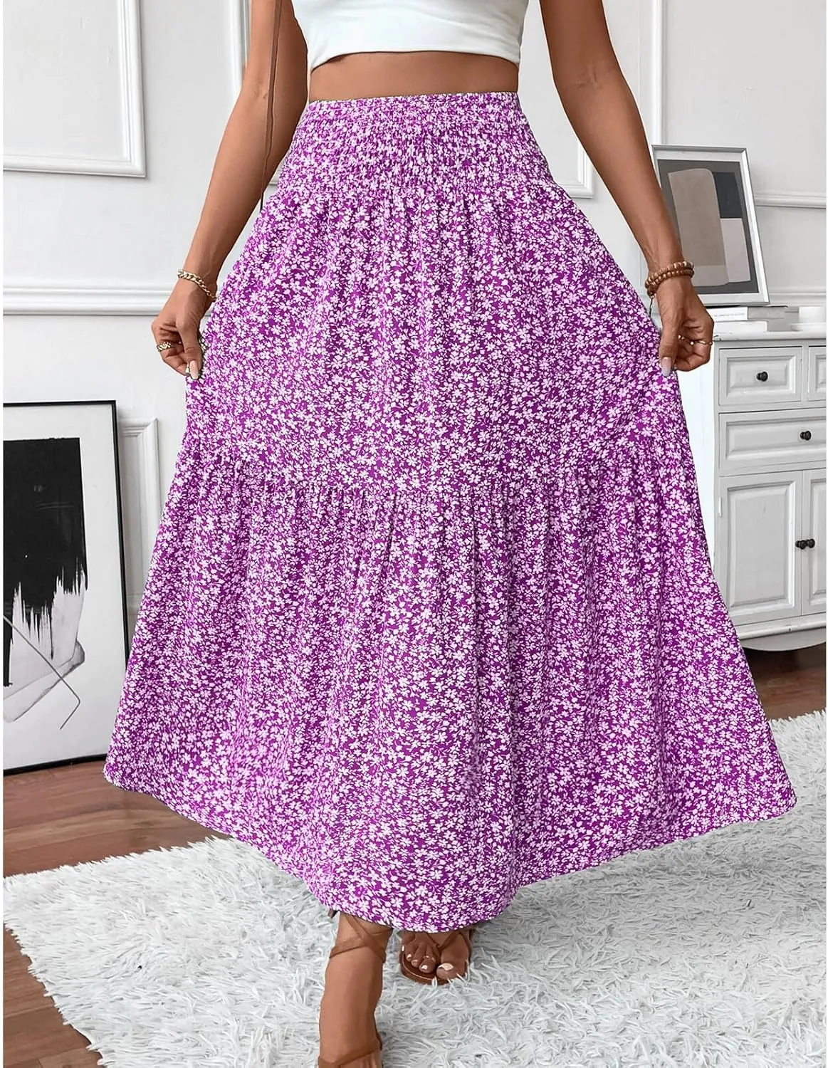 Blostirno Women's Floral Long Skirt Smocked Elastic High Waist Summer Boho Tiered Flowy Casual Maxi Skirts with Pockets