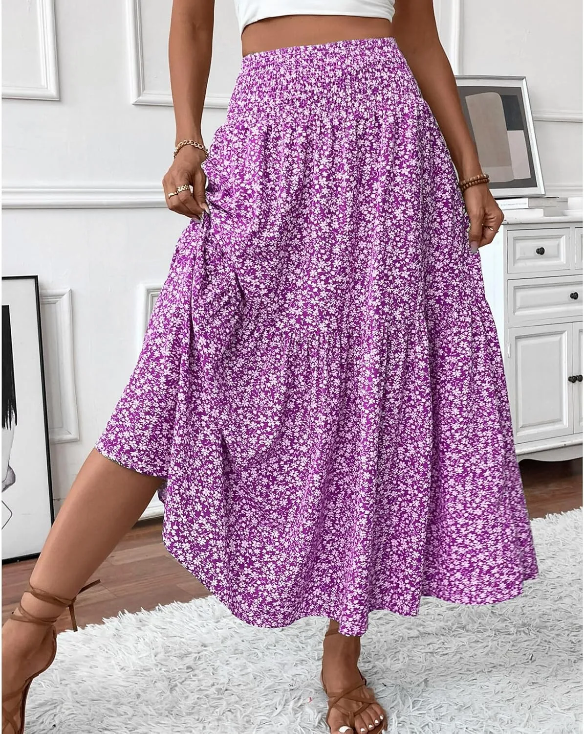 Blostirno Women's Floral Long Skirt Smocked Elastic High Waist Summer Boho Tiered Flowy Casual Maxi Skirts with Pockets