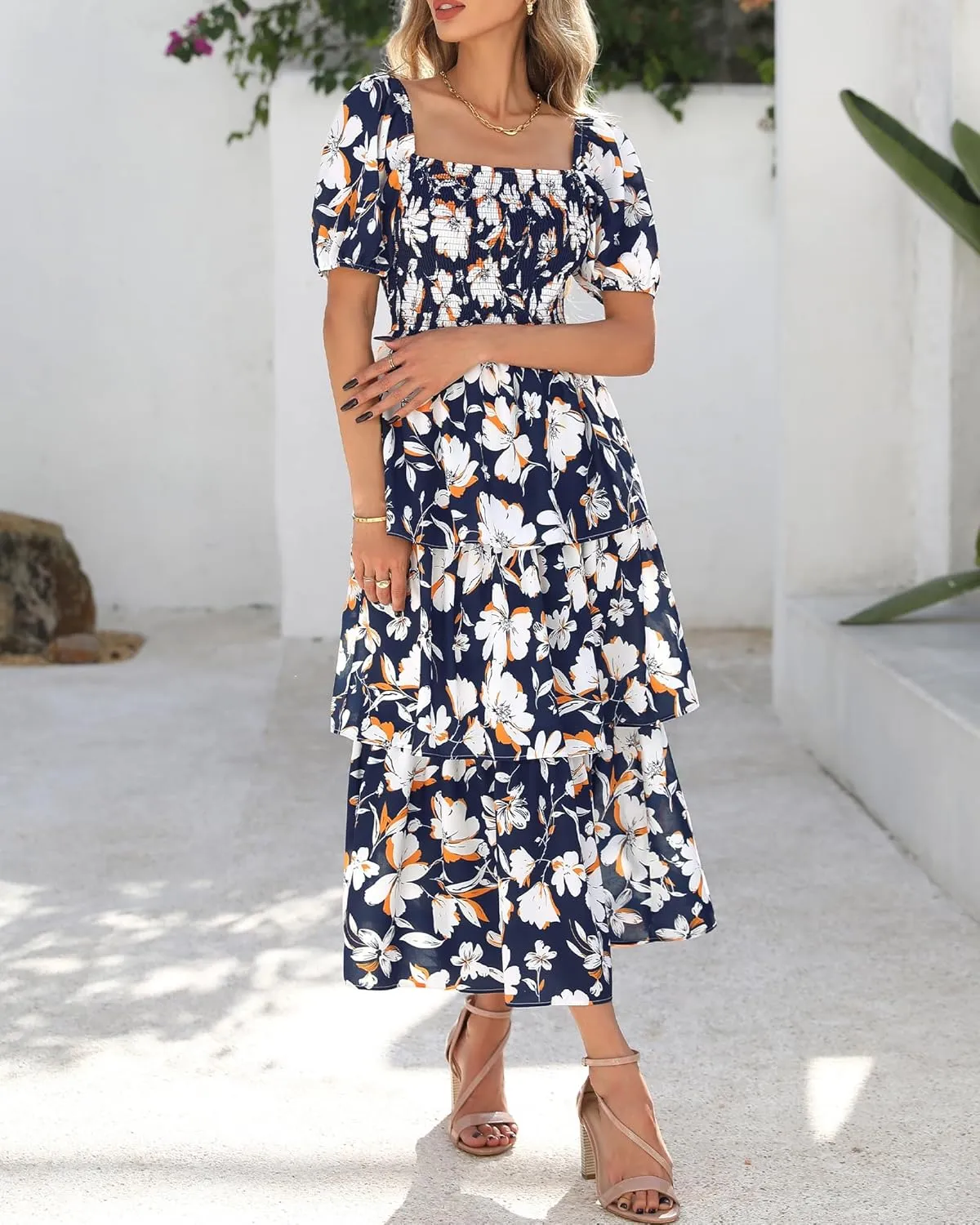 BTFBM Womens Square Neck Smocked Dress Summer Puff Short Sleeve Floral Casual Ruffle Tiered Maxi Wedding Guest Dresses