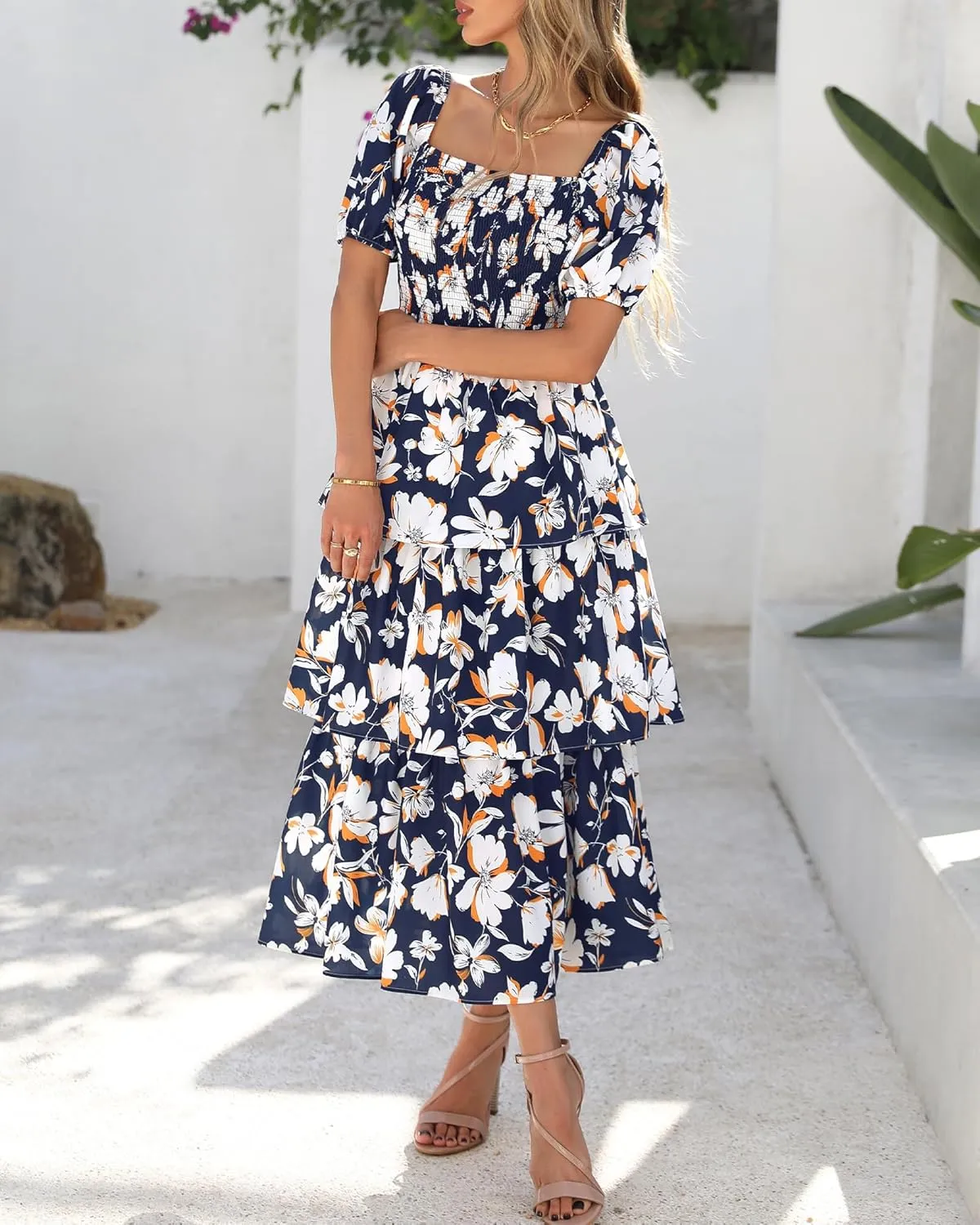BTFBM Womens Square Neck Smocked Dress Summer Puff Short Sleeve Floral Casual Ruffle Tiered Maxi Wedding Guest Dresses