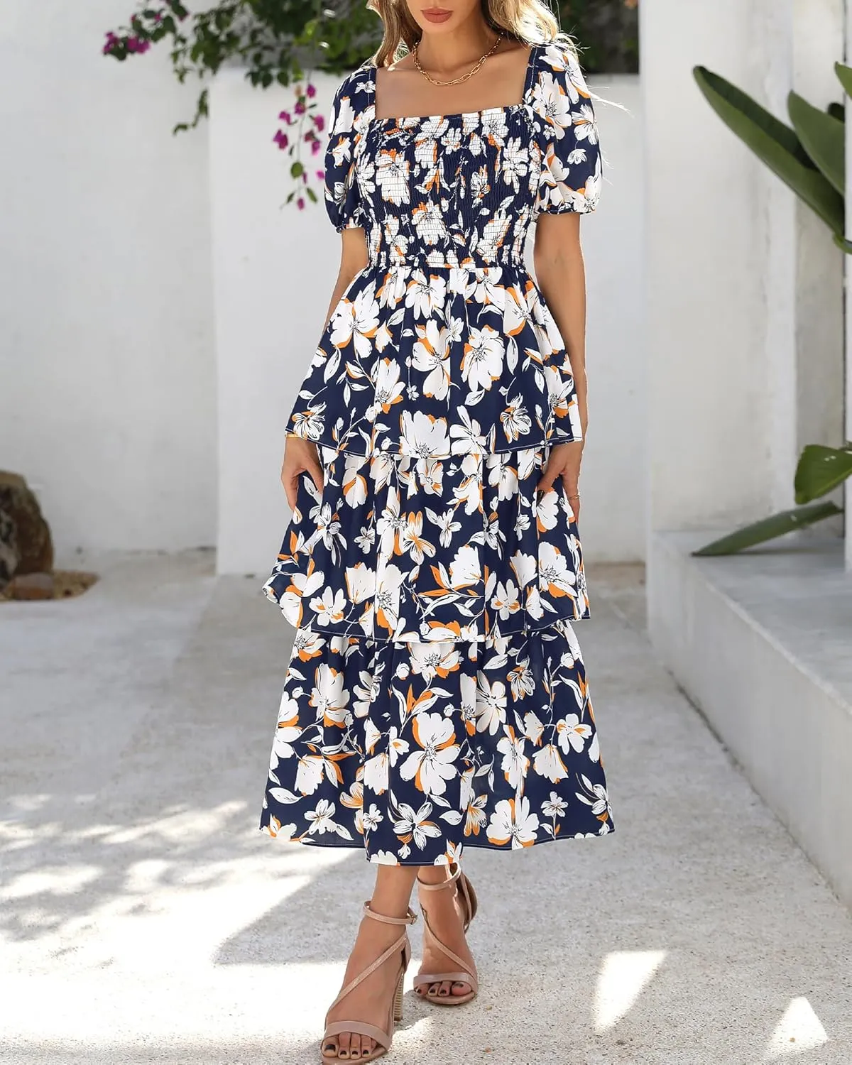 BTFBM Womens Square Neck Smocked Dress Summer Puff Short Sleeve Floral Casual Ruffle Tiered Maxi Wedding Guest Dresses