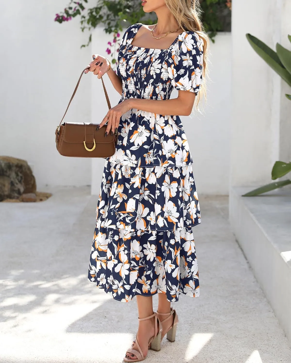 BTFBM Womens Square Neck Smocked Dress Summer Puff Short Sleeve Floral Casual Ruffle Tiered Maxi Wedding Guest Dresses