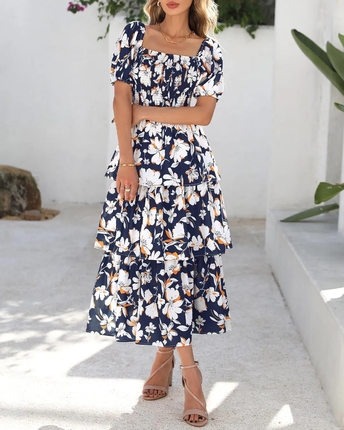 BTFBM Womens Square Neck Smocked Dress Summer Puff Short Sleeve Floral Casual Ruffle Tiered Maxi Wedding Guest Dresses
