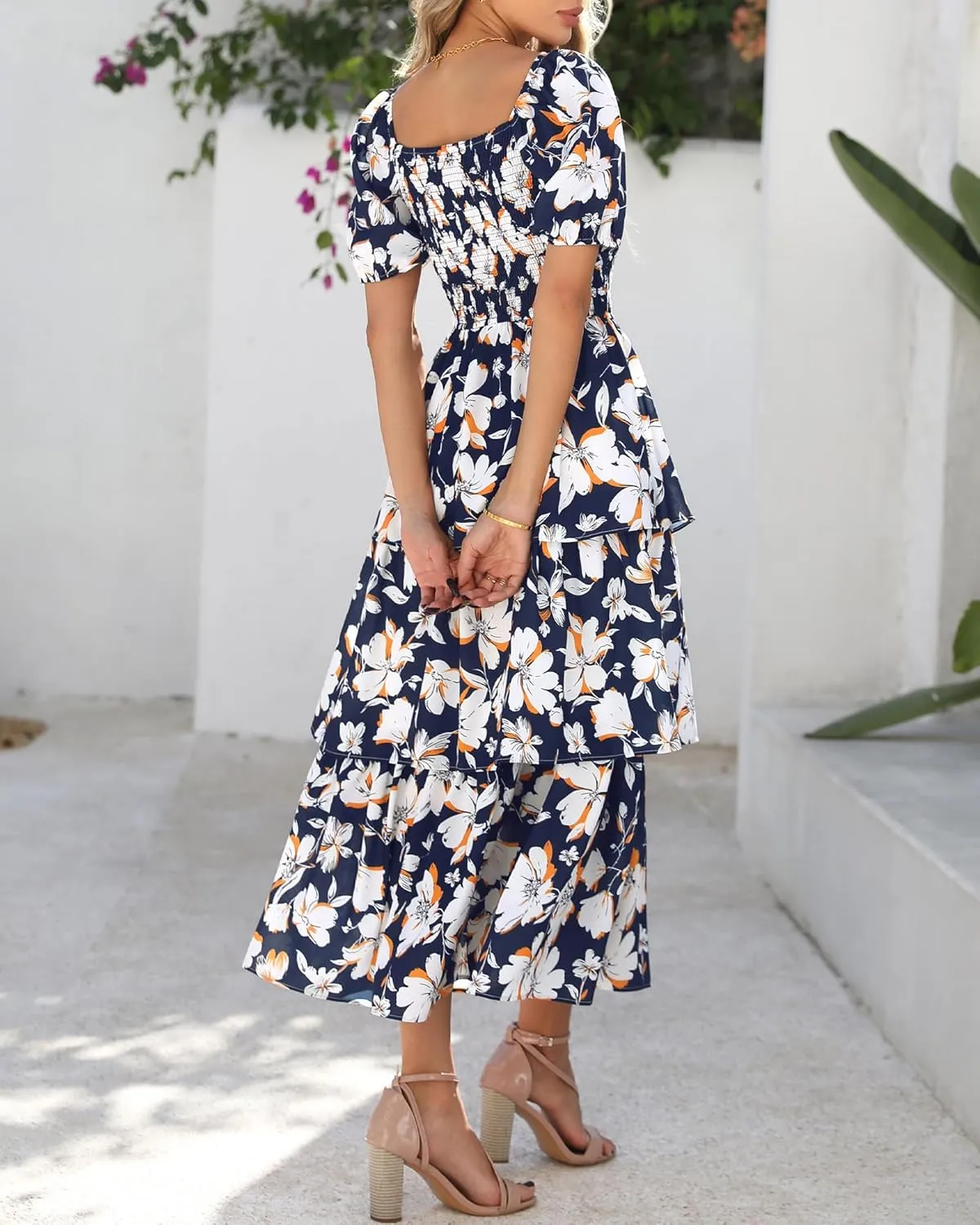 BTFBM Womens Square Neck Smocked Dress Summer Puff Short Sleeve Floral Casual Ruffle Tiered Maxi Wedding Guest Dresses