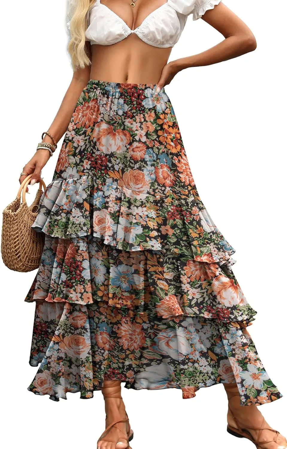 ELLEVEN Boho Ruffle Maxi Skirt for Women, Flowy Tiered Summer Long Skirt for Beach Days or Going Out