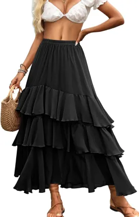 ELLEVEN Boho Ruffle Maxi Skirt for Women, Flowy Tiered Summer Long Skirt for Beach Days or Going Out