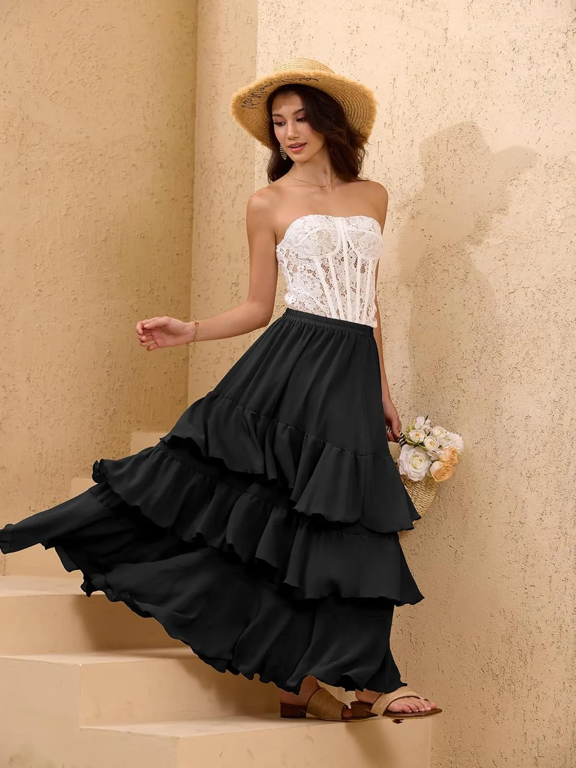 ELLEVEN Boho Ruffle Maxi Skirt for Women, Flowy Tiered Summer Long Skirt for Beach Days or Going Out