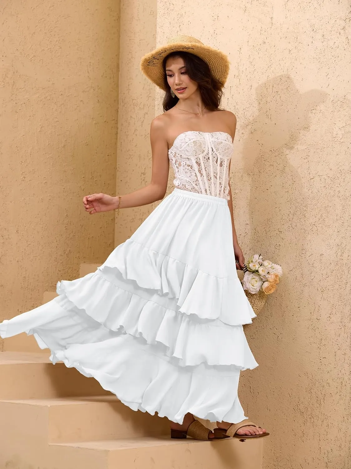 ELLEVEN Boho Ruffle Maxi Skirt for Women, Flowy Tiered Summer Long Skirt for Beach Days or Going Out