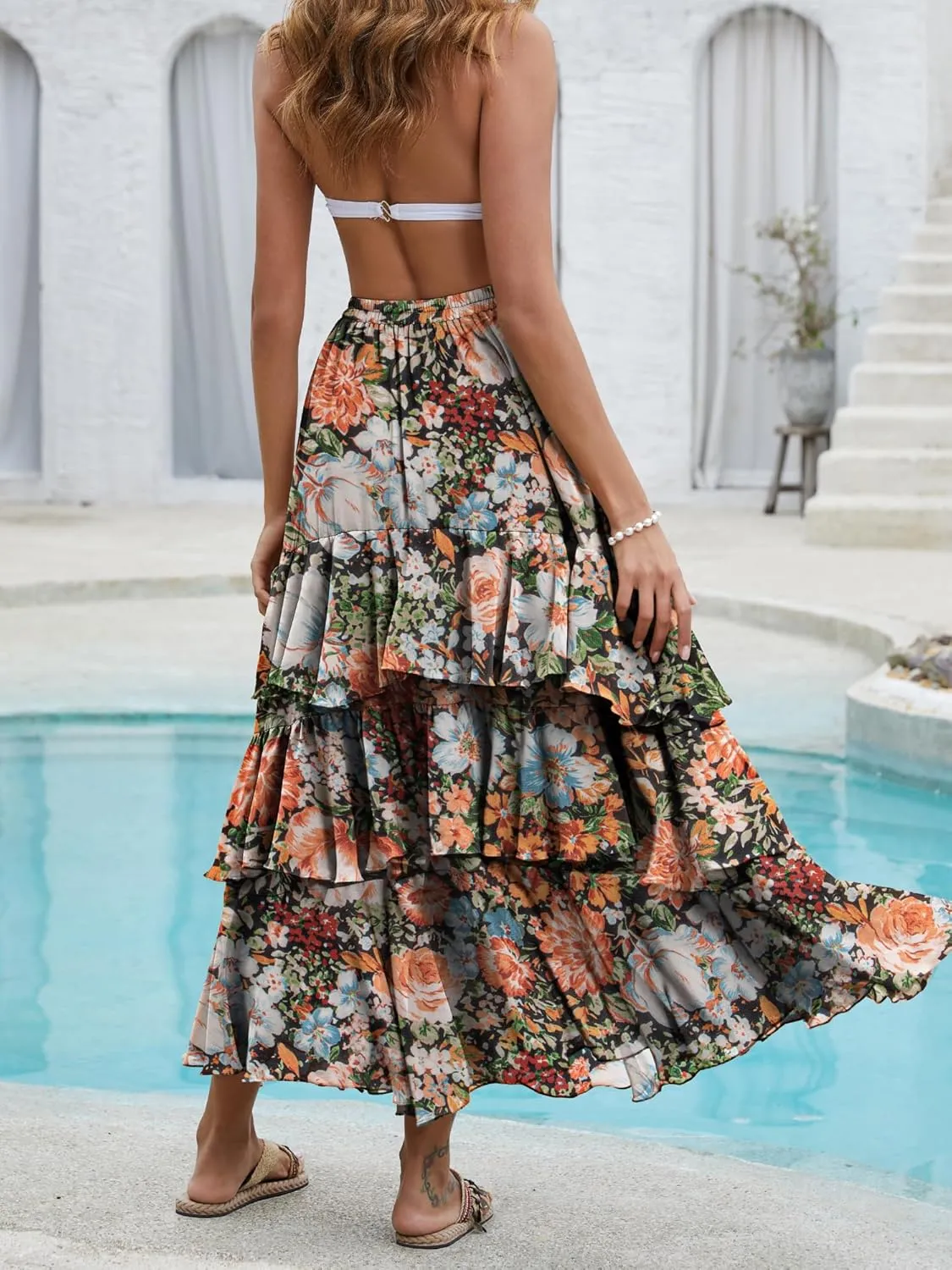 ELLEVEN Boho Ruffle Maxi Skirt for Women, Flowy Tiered Summer Long Skirt for Beach Days or Going Out