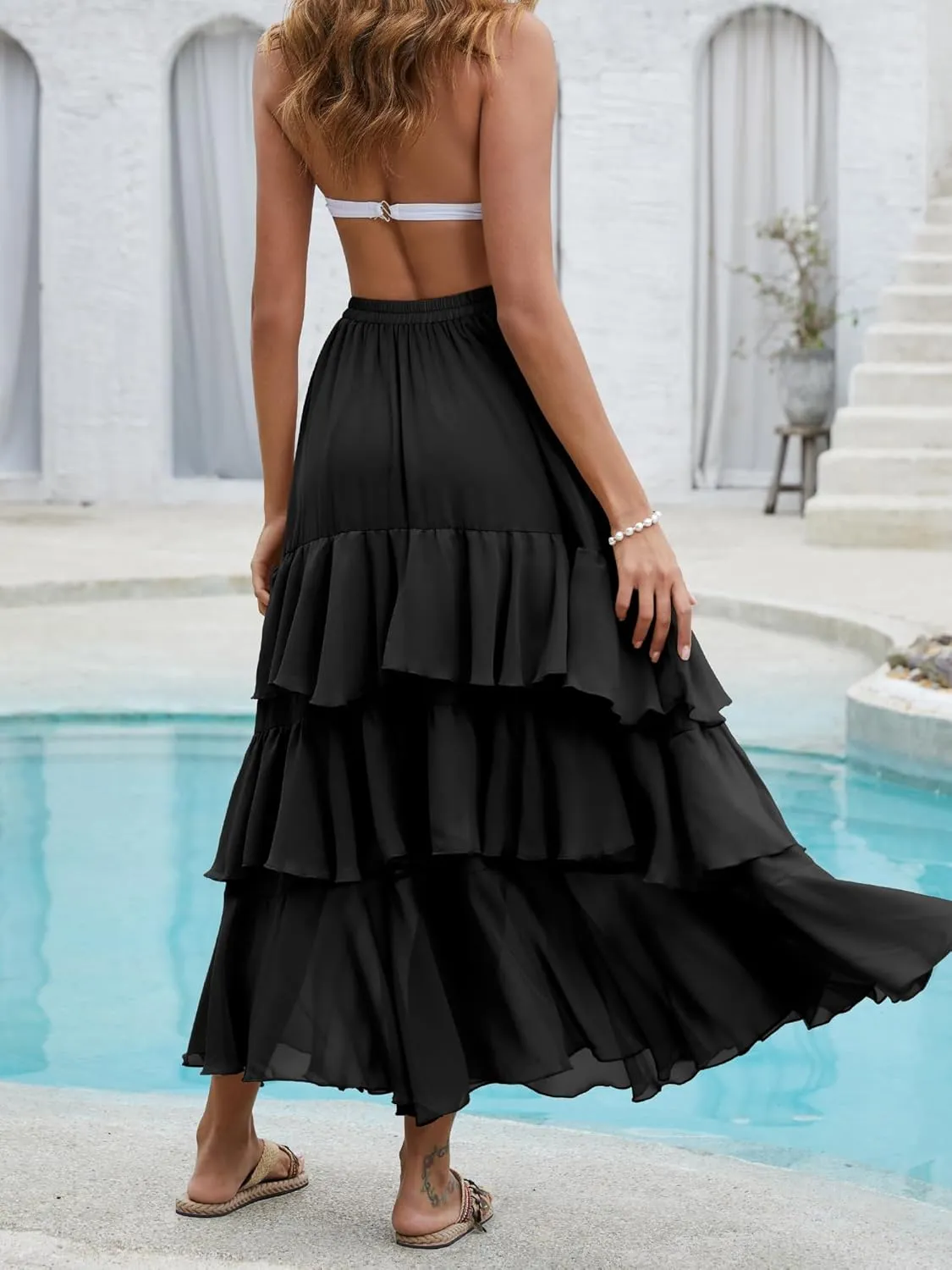 ELLEVEN Boho Ruffle Maxi Skirt for Women, Flowy Tiered Summer Long Skirt for Beach Days or Going Out