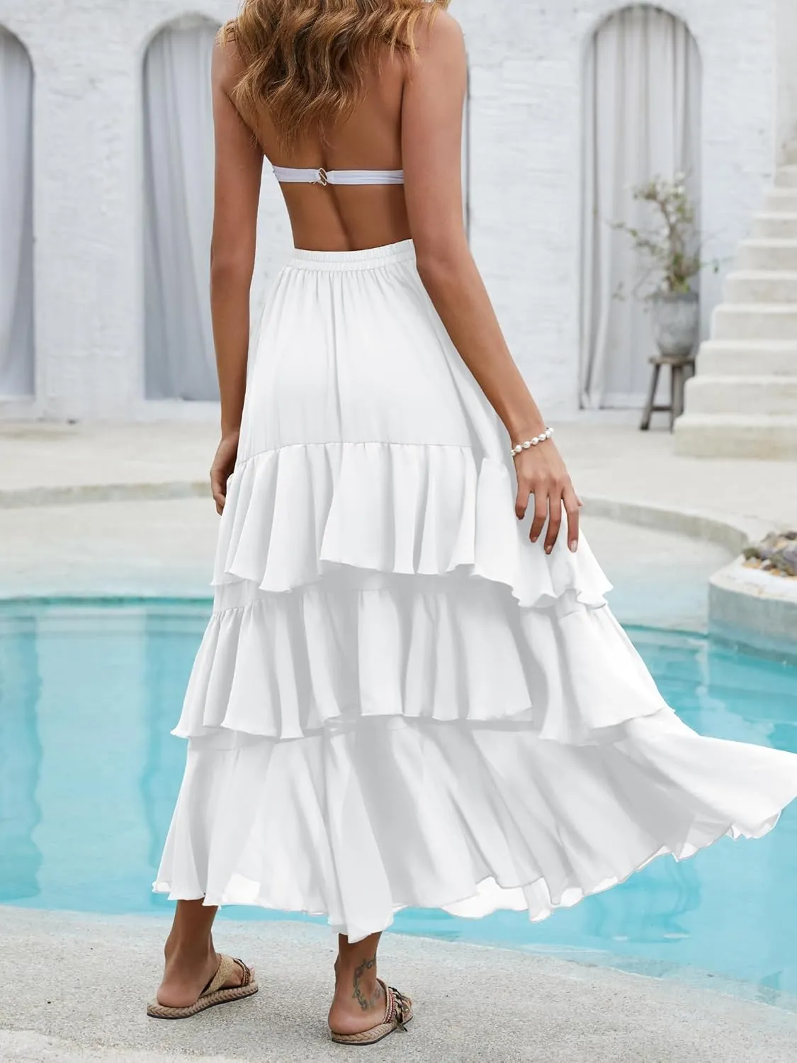 ELLEVEN Boho Ruffle Maxi Skirt for Women, Flowy Tiered Summer Long Skirt for Beach Days or Going Out