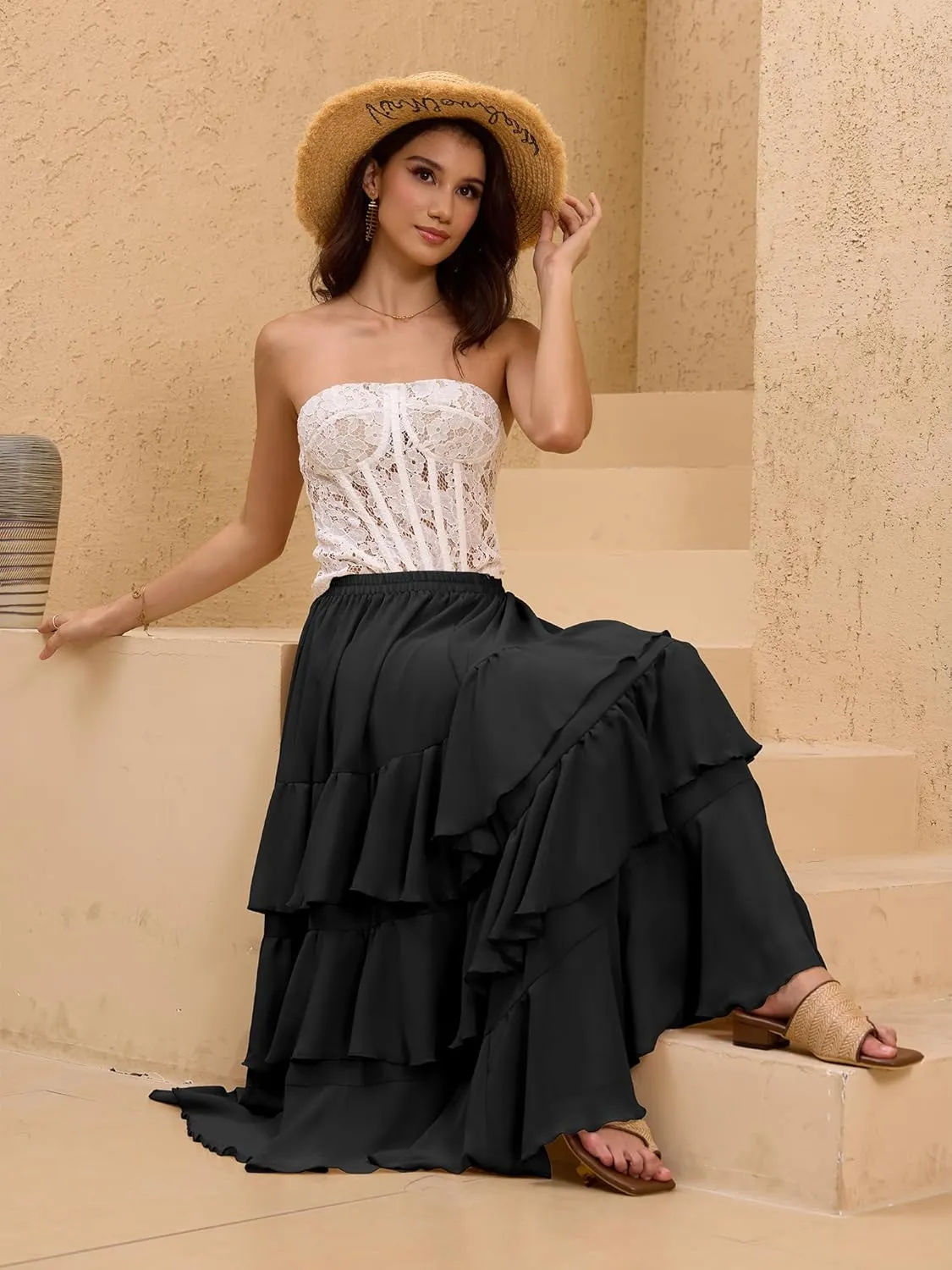ELLEVEN Boho Ruffle Maxi Skirt for Women, Flowy Tiered Summer Long Skirt for Beach Days or Going Out