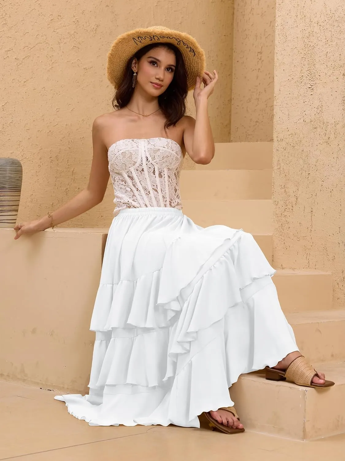 ELLEVEN Boho Ruffle Maxi Skirt for Women, Flowy Tiered Summer Long Skirt for Beach Days or Going Out