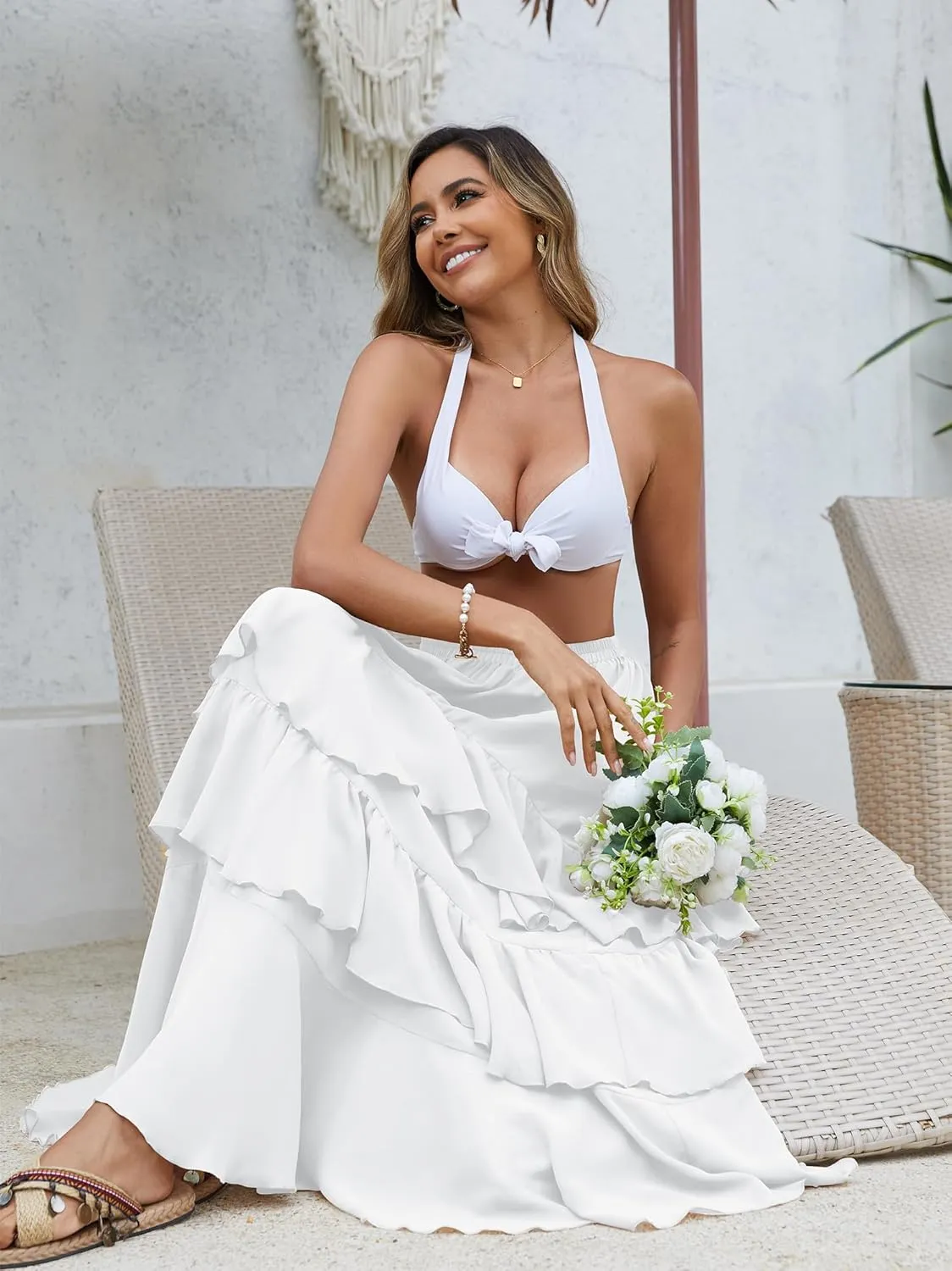 ELLEVEN Boho Ruffle Maxi Skirt for Women, Flowy Tiered Summer Long Skirt for Beach Days or Going Out