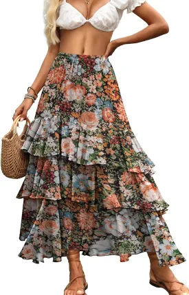 ELLEVEN Boho Ruffle Maxi Skirt for Women, Flowy Tiered Summer Long Skirt for Beach Days or Going Out
