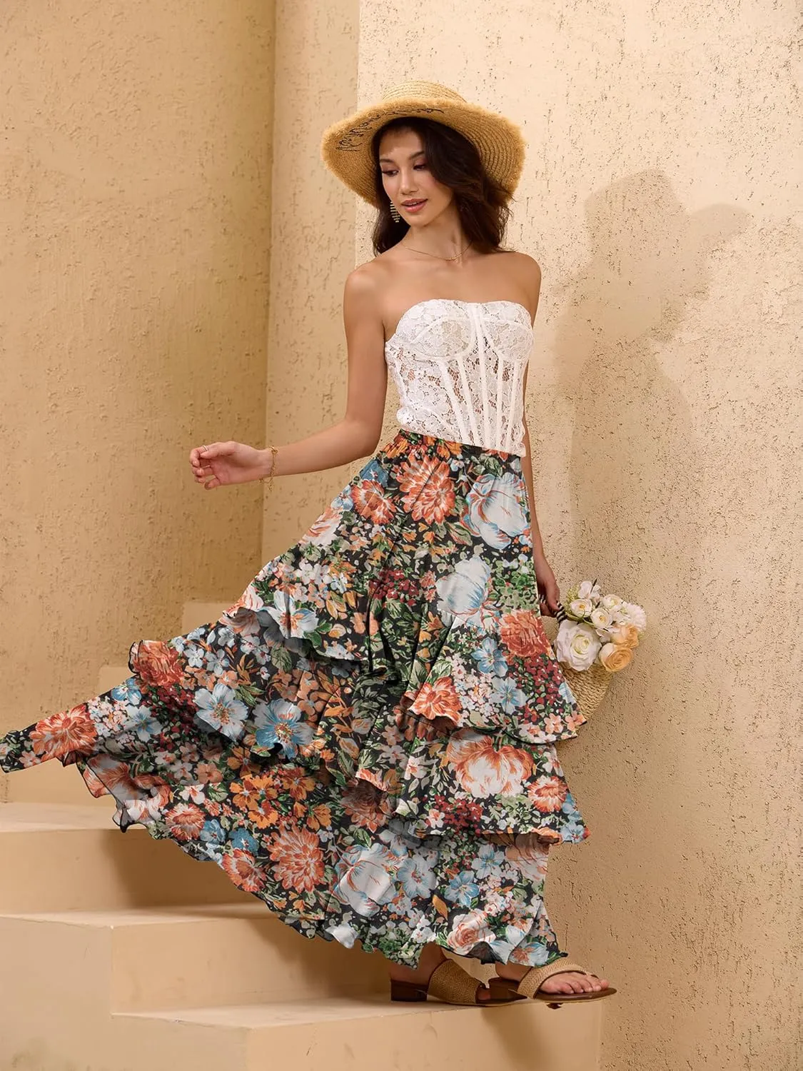 ELLEVEN Boho Ruffle Maxi Skirt for Women, Flowy Tiered Summer Long Skirt for Beach Days or Going Out