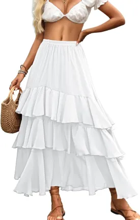 ELLEVEN Boho Ruffle Maxi Skirt for Women, Flowy Tiered Summer Long Skirt for Beach Days or Going Out