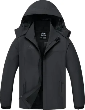 ELLSWOS Men's Waterproof Raincoat Lightweight Rain Jacket with Detachable Hood Softshell Windbreakerl for Hiking Travel