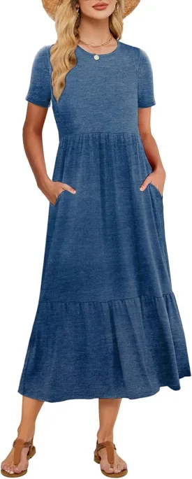 Gracyoga Women's Summer Maxi Dress 2025 Casual Short Sleeve Crewneck Flowy Swing Tiered Long Beach Dresses with Pockets