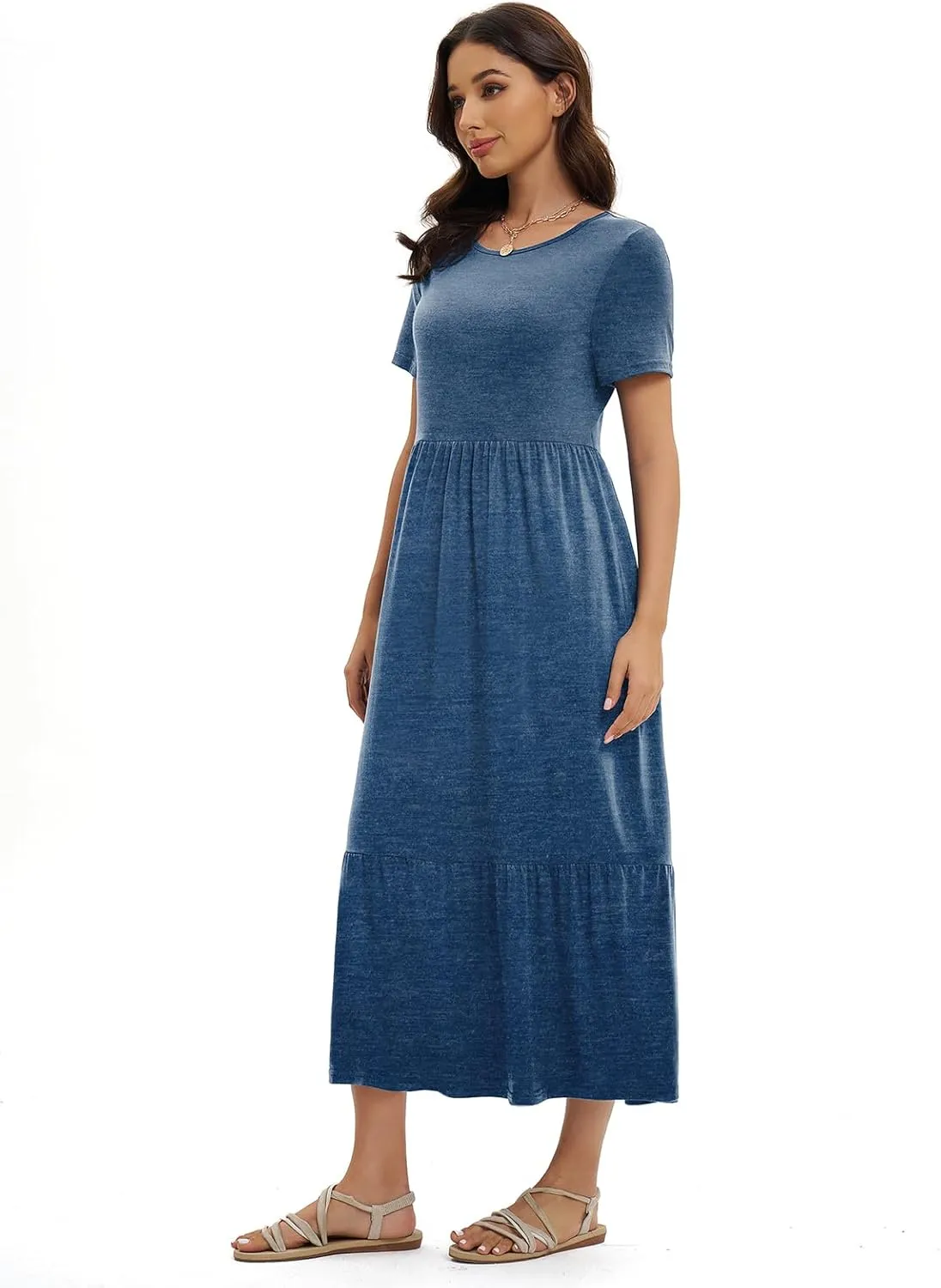 Gracyoga Women's Summer Maxi Dress 2025 Casual Short Sleeve Crewneck Flowy Swing Tiered Long Beach Dresses with Pockets