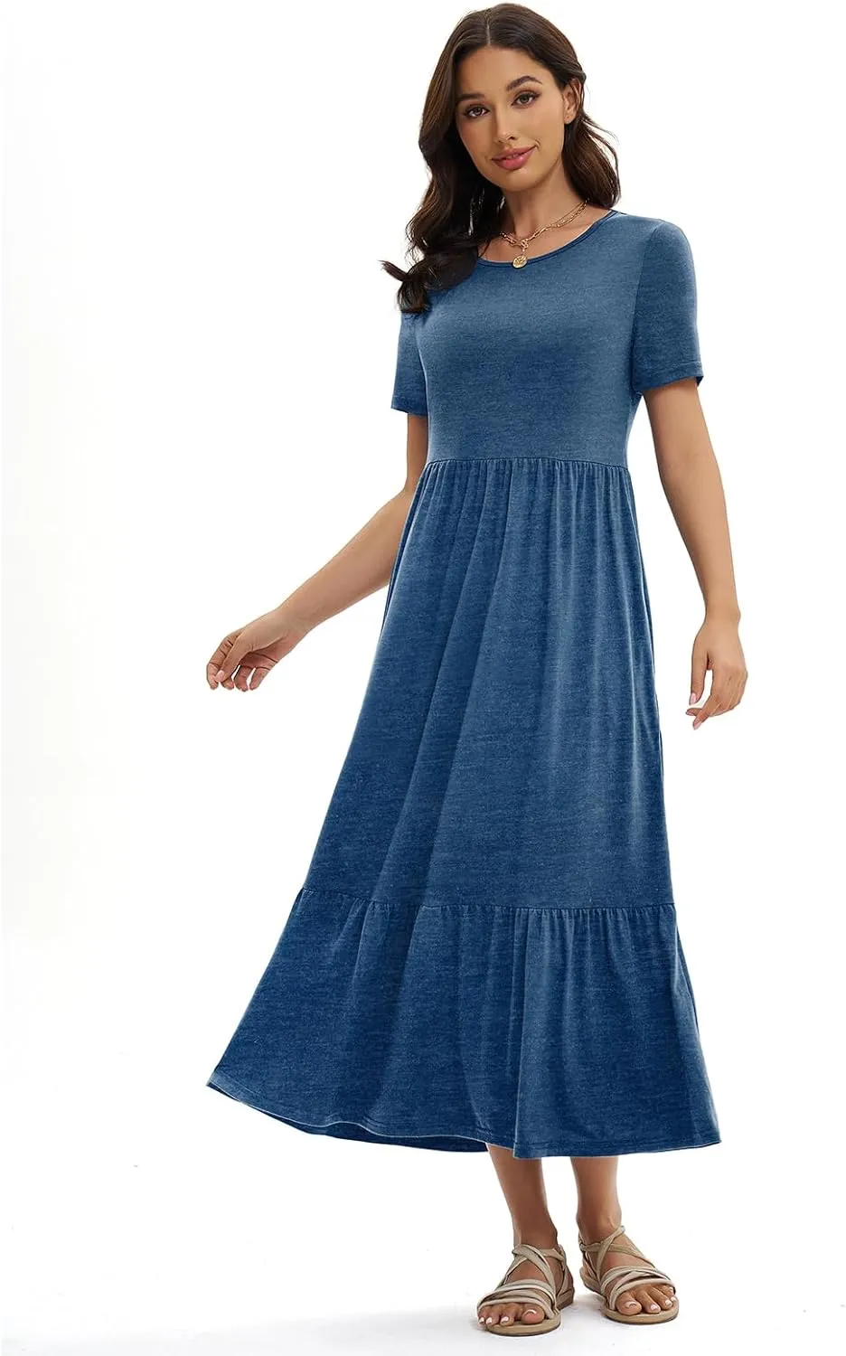 Gracyoga Women's Summer Maxi Dress 2025 Casual Short Sleeve Crewneck Flowy Swing Tiered Long Beach Dresses with Pockets