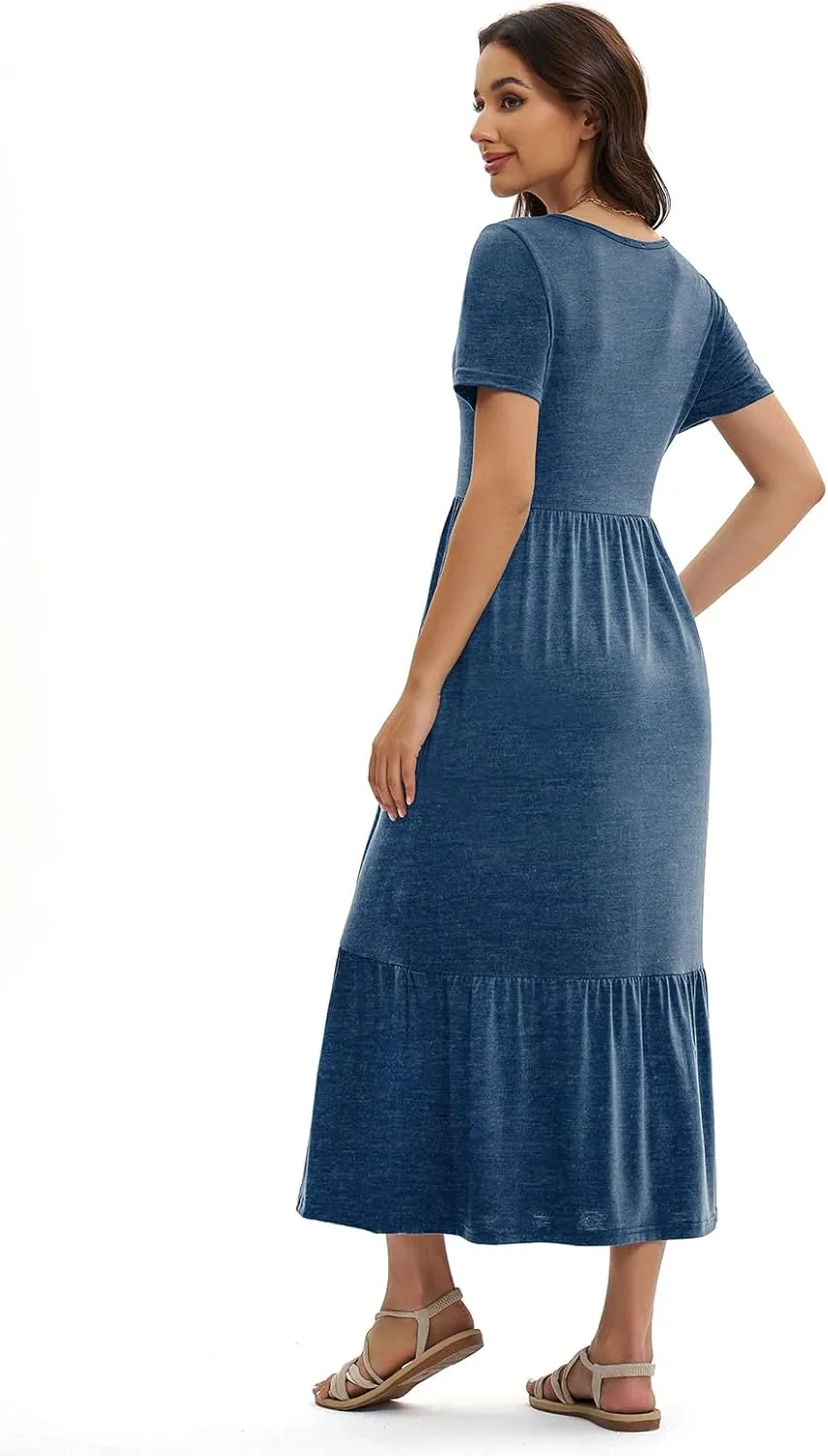 Gracyoga Women's Summer Maxi Dress 2025 Casual Short Sleeve Crewneck Flowy Swing Tiered Long Beach Dresses with Pockets
