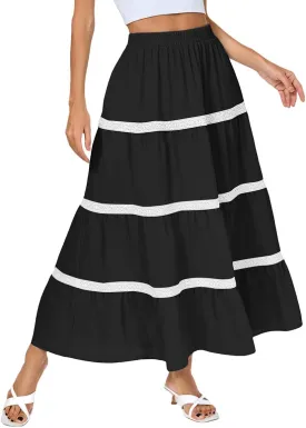 Kate Kasin Women Flowy Maxi Skirt A Line Tiered Skirts Elastic High Waist Boho Beach Long Skirt with Pocket Summer 2025