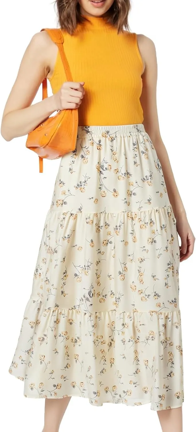 Maxi Skirt for Women Flowy Swing Tiered A-Line Fall Skirt Elastic High Waist Pleated Ruffle Long Beach Skirts Dress