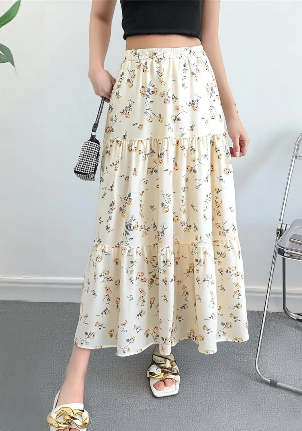 Maxi Skirt for Women Flowy Swing Tiered A-Line Fall Skirt Elastic High Waist Pleated Ruffle Long Beach Skirts Dress