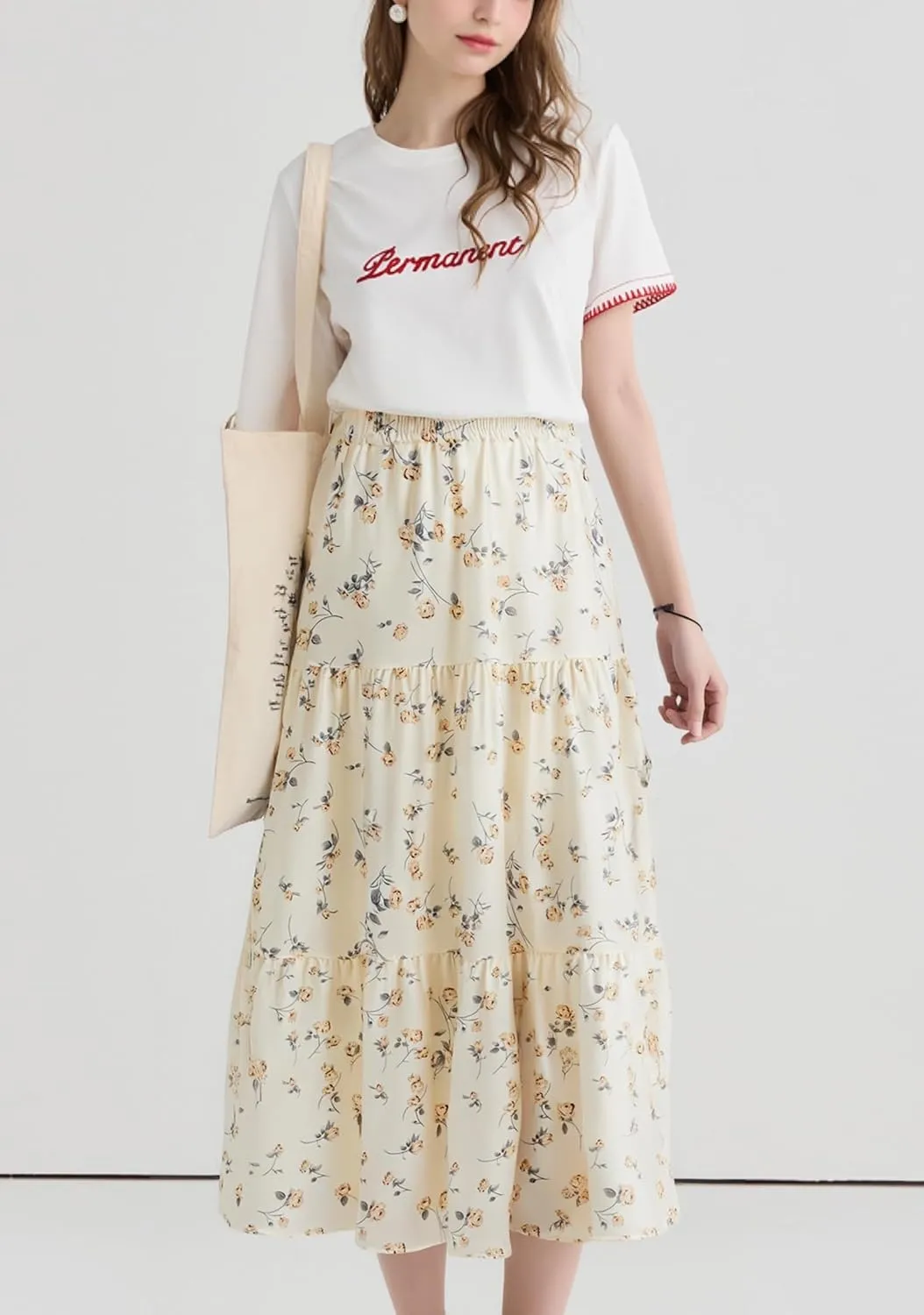 Maxi Skirt for Women Flowy Swing Tiered A-Line Fall Skirt Elastic High Waist Pleated Ruffle Long Beach Skirts Dress
