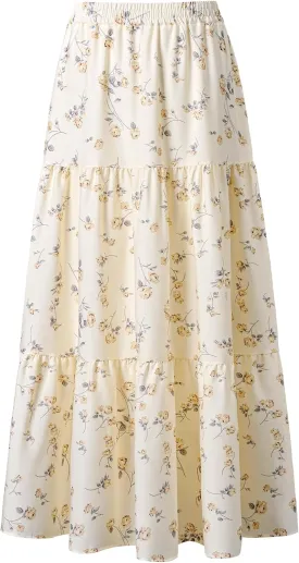 Maxi Skirt for Women Flowy Swing Tiered A-Line Fall Skirt Elastic High Waist Pleated Ruffle Long Beach Skirts Dress