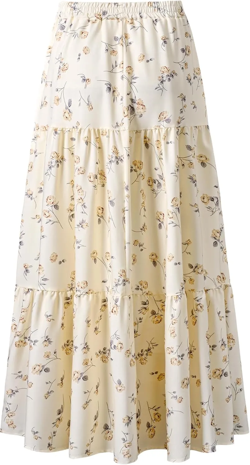 Maxi Skirt for Women Flowy Swing Tiered A-Line Fall Skirt Elastic High Waist Pleated Ruffle Long Beach Skirts Dress