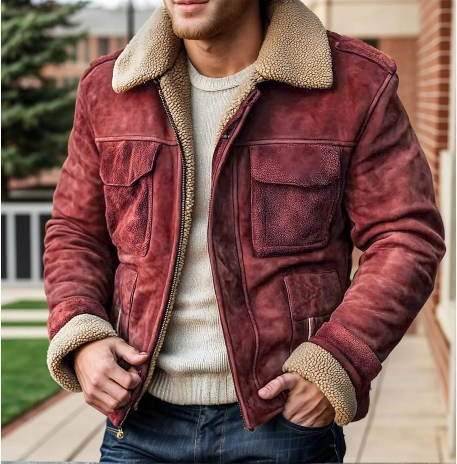Mens Shearling Bomber B3 Coats Winter RAF Aviator Faux Leather Suede Jackets Vintage Sherpa Lined Fleece Overcoats