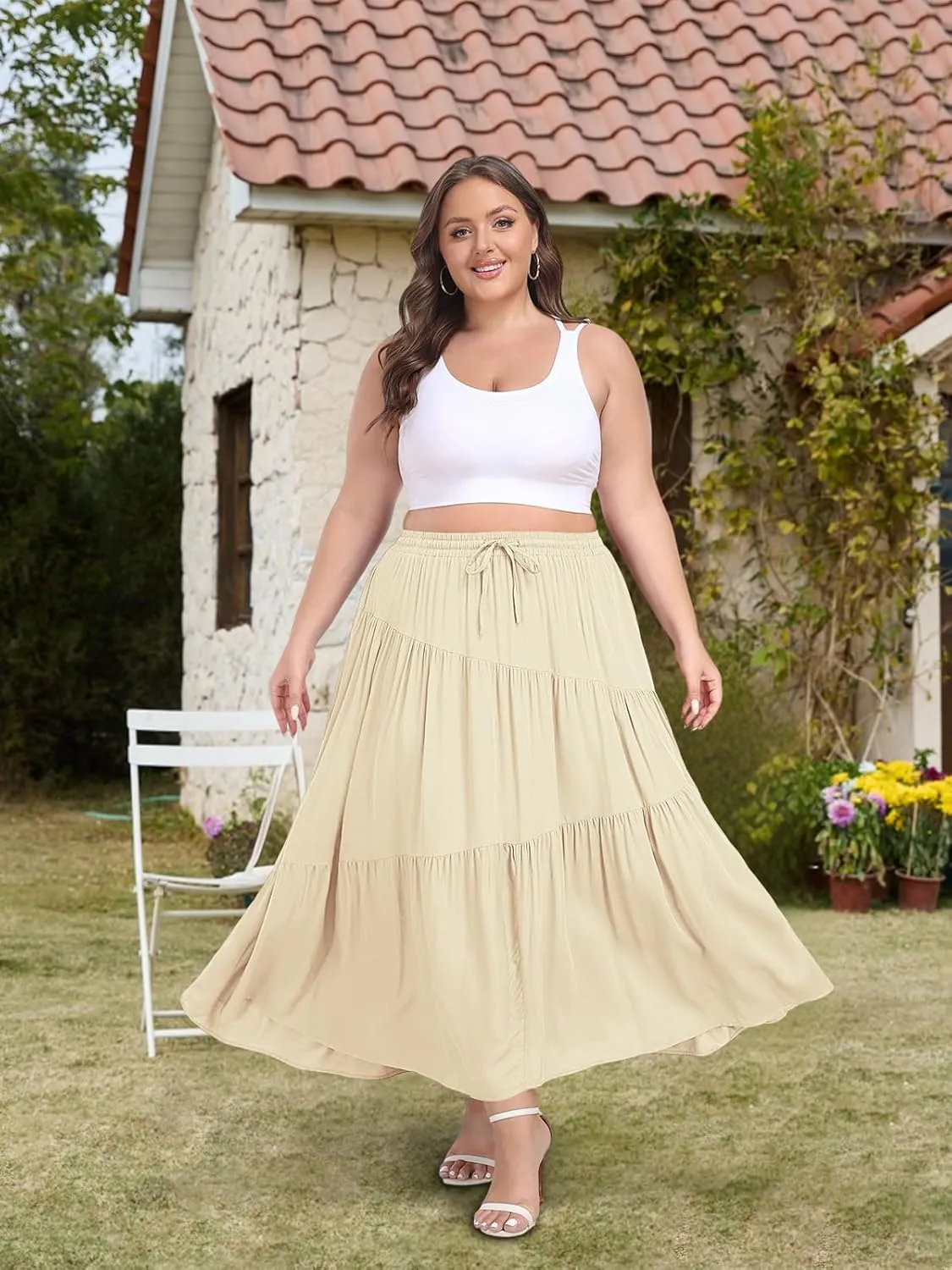 Moon Wood Women's Plus Size Tiered Maxi Skirt Elastic High Waist A Line Flowy Long Maxi Skirt with Pockets