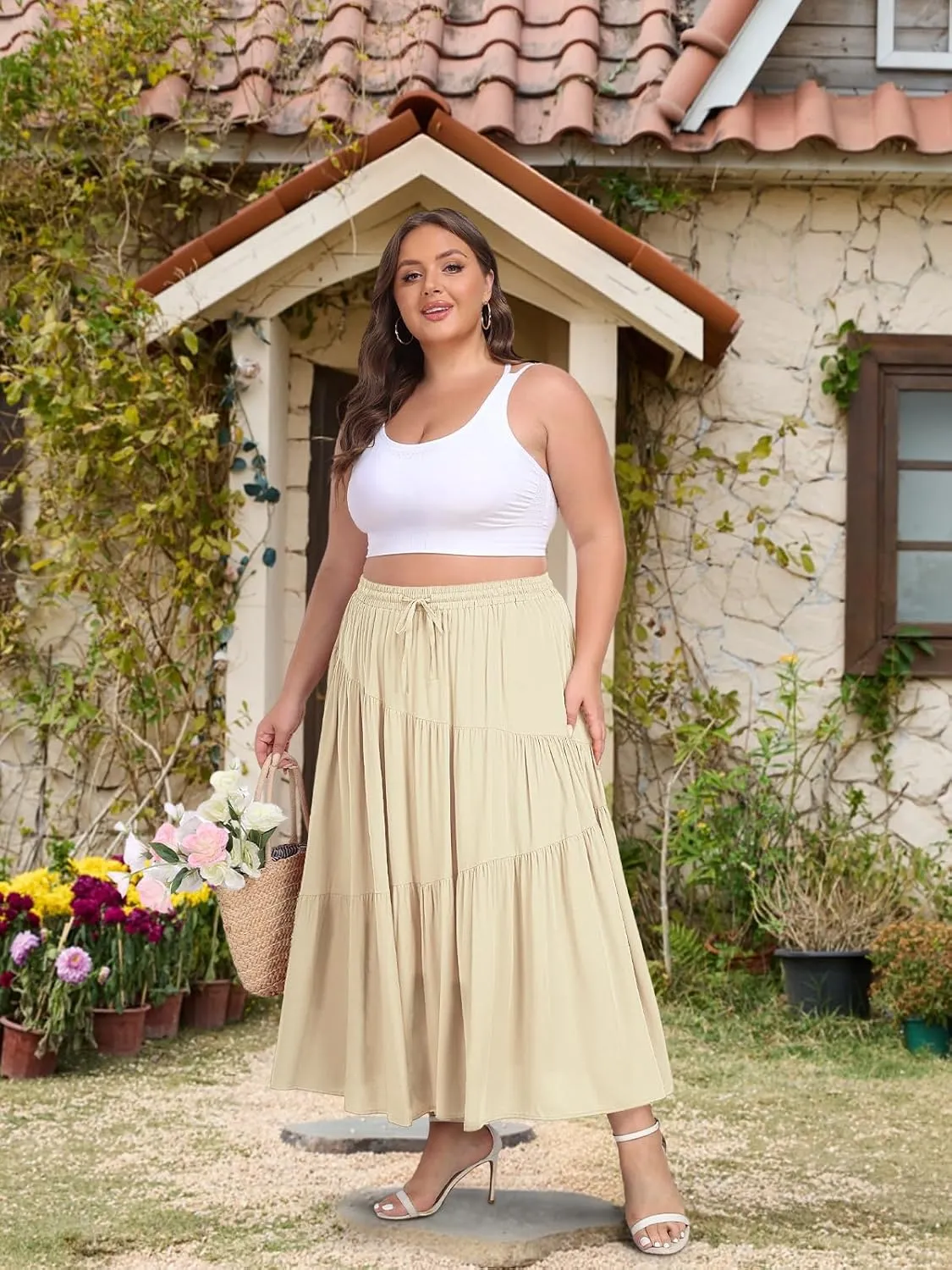 Moon Wood Women's Plus Size Tiered Maxi Skirt Elastic High Waist A Line Flowy Long Maxi Skirt with Pockets