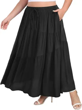 Moon Wood Women's Plus Size Tiered Maxi Skirt Elastic High Waist A Line Flowy Long Maxi Skirt with Pockets