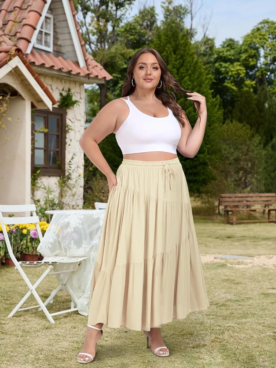 Moon Wood Women's Plus Size Tiered Maxi Skirt Elastic High Waist A Line Flowy Long Maxi Skirt with Pockets