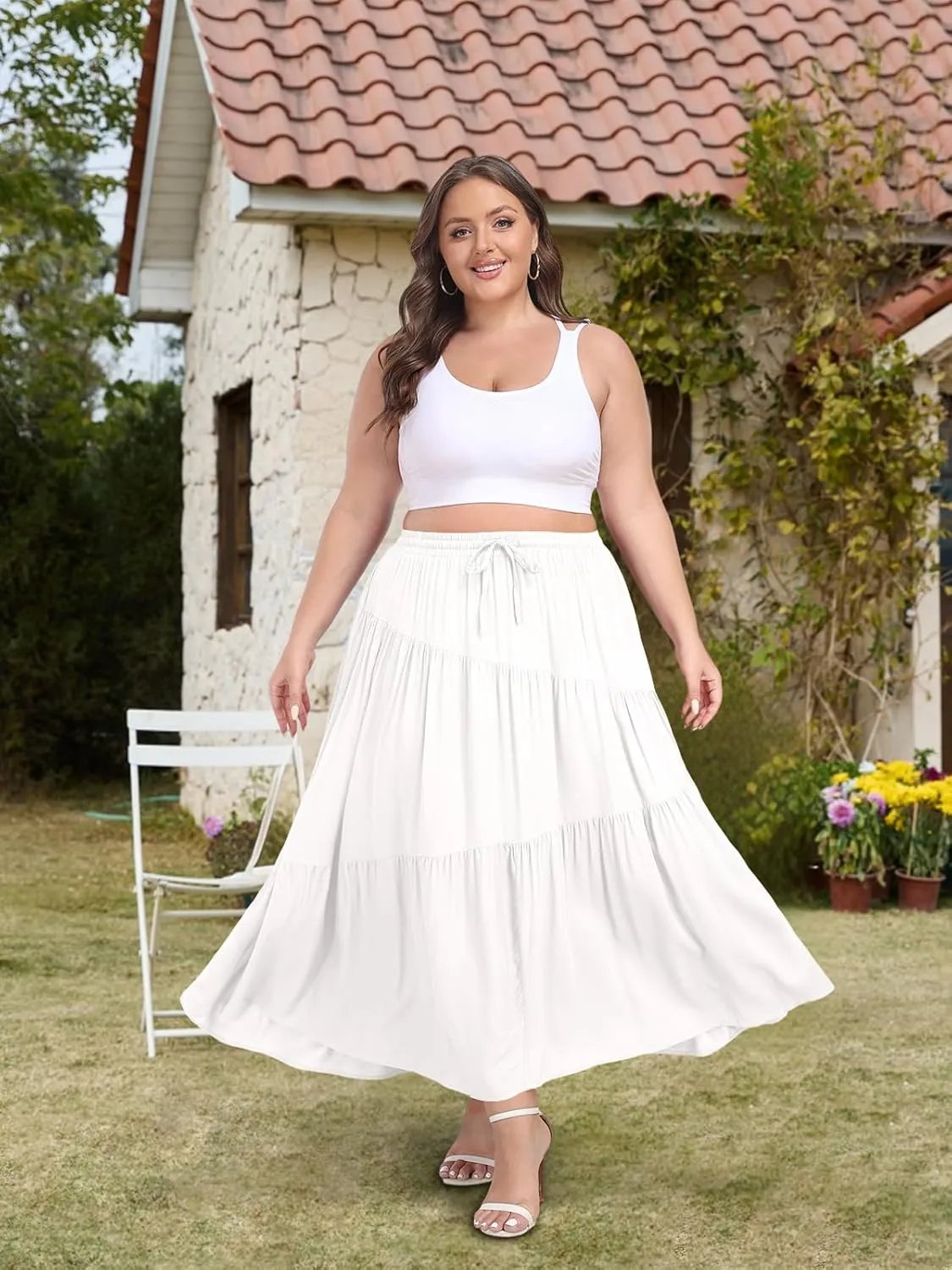 Moon Wood Women's Plus Size Tiered Maxi Skirt Elastic High Waist A Line Flowy Long Maxi Skirt with Pockets