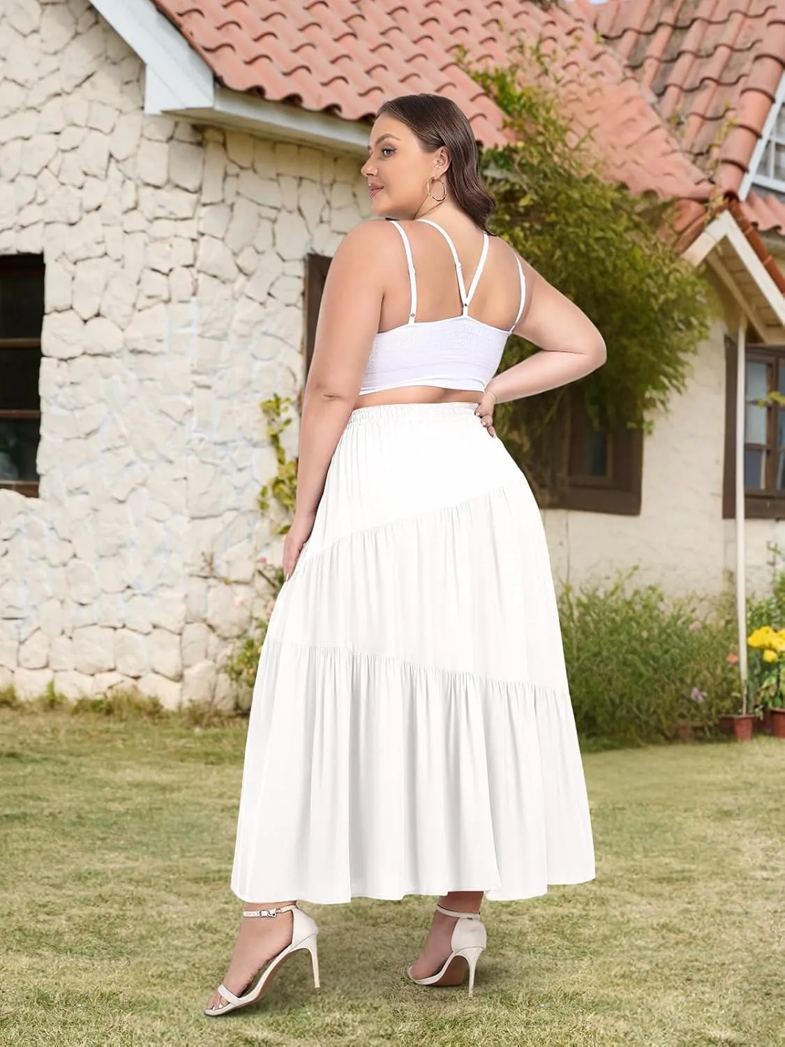 Moon Wood Women's Plus Size Tiered Maxi Skirt Elastic High Waist A Line Flowy Long Maxi Skirt with Pockets