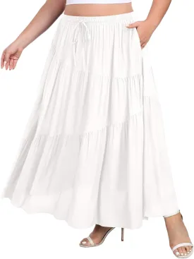 Moon Wood Women's Plus Size Tiered Maxi Skirt Elastic High Waist A Line Flowy Long Maxi Skirt with Pockets