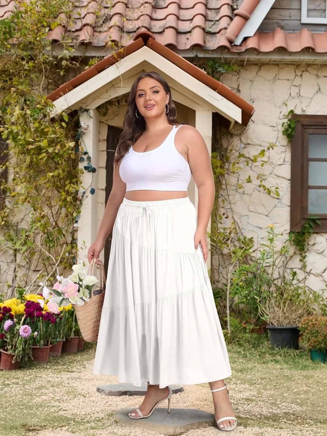 Moon Wood Women's Plus Size Tiered Maxi Skirt Elastic High Waist A Line Flowy Long Maxi Skirt with Pockets