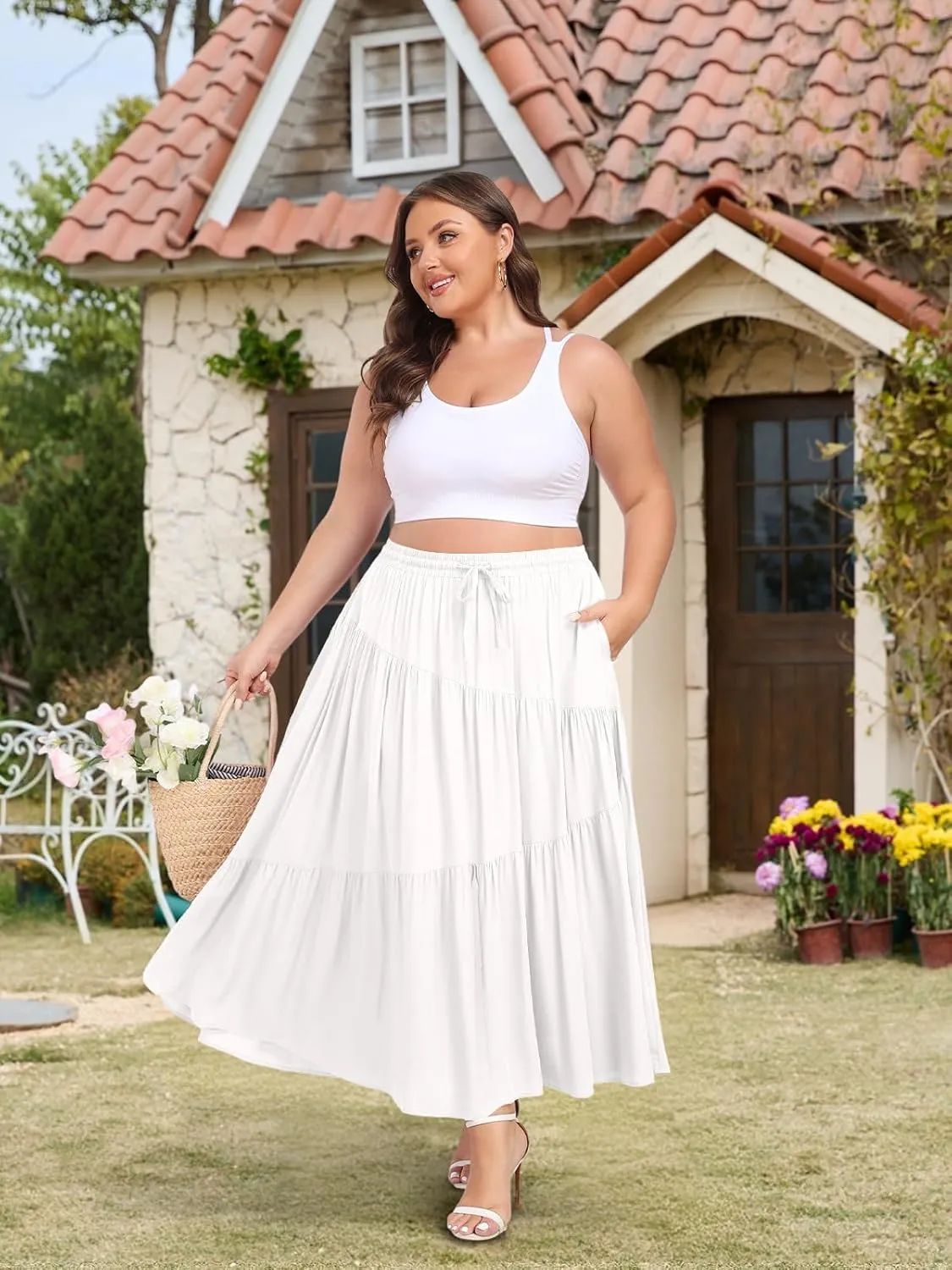 Moon Wood Women's Plus Size Tiered Maxi Skirt Elastic High Waist A Line Flowy Long Maxi Skirt with Pockets