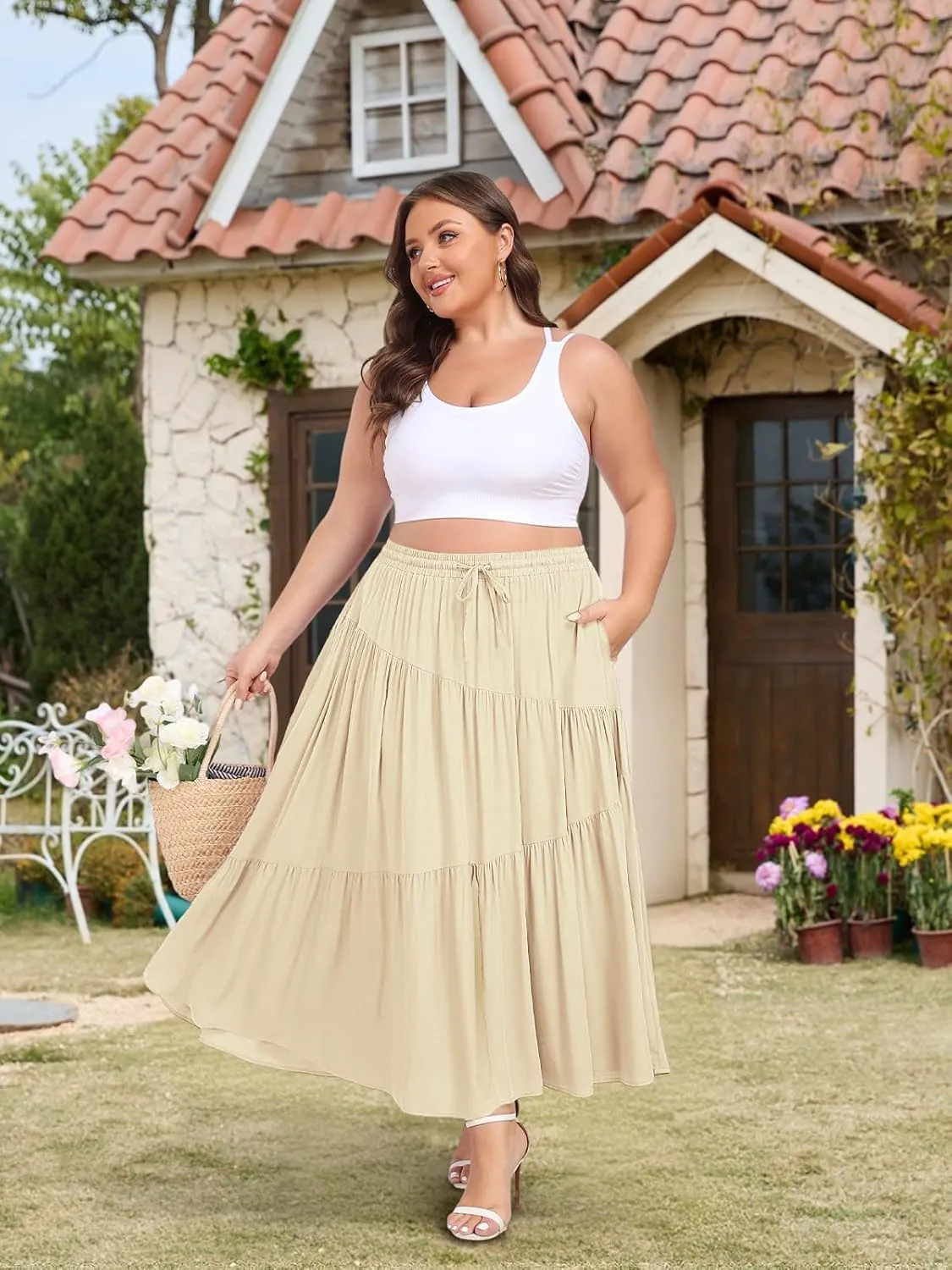 Moon Wood Women's Plus Size Tiered Maxi Skirt Elastic High Waist A Line Flowy Long Maxi Skirt with Pockets