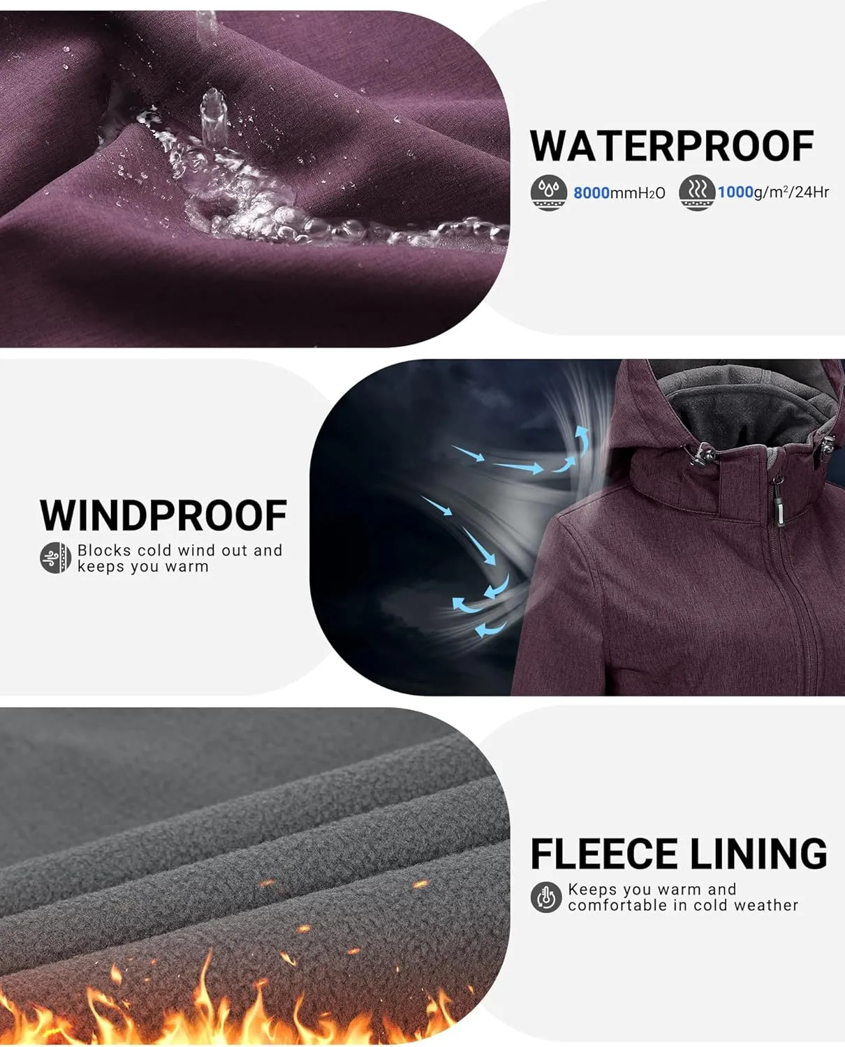 Outdoor Ventures Women's Softshell Jacket with Removable Hood Fleece Lined Windbreaker Insulated Long Warm Rain Jacket