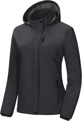 Pursky Women's Softshell Jacket Lightweight Fleece Lined Rain Jacket Waterproof Warm Windbreaker Coat With Removable Hood