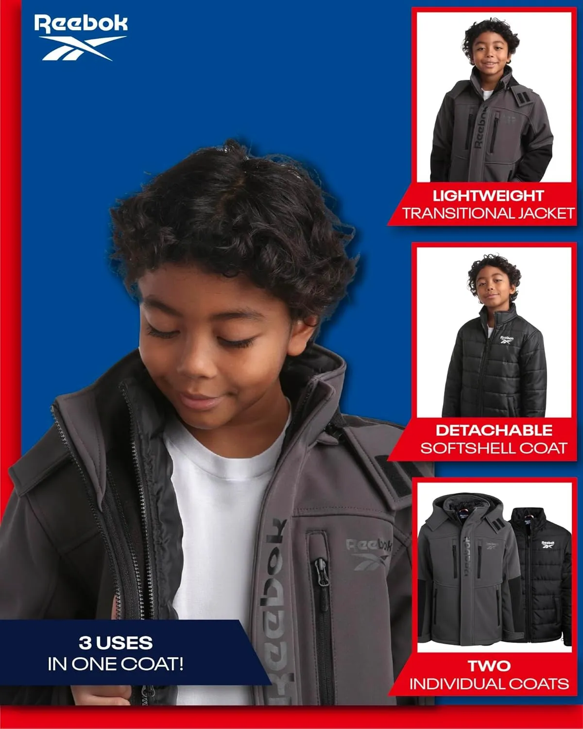 Reebok Boys' Winter Coat  Waterproof Softshell Jacket with Removable Puffer Parka  System Ski Jacket for Boys (8-20)