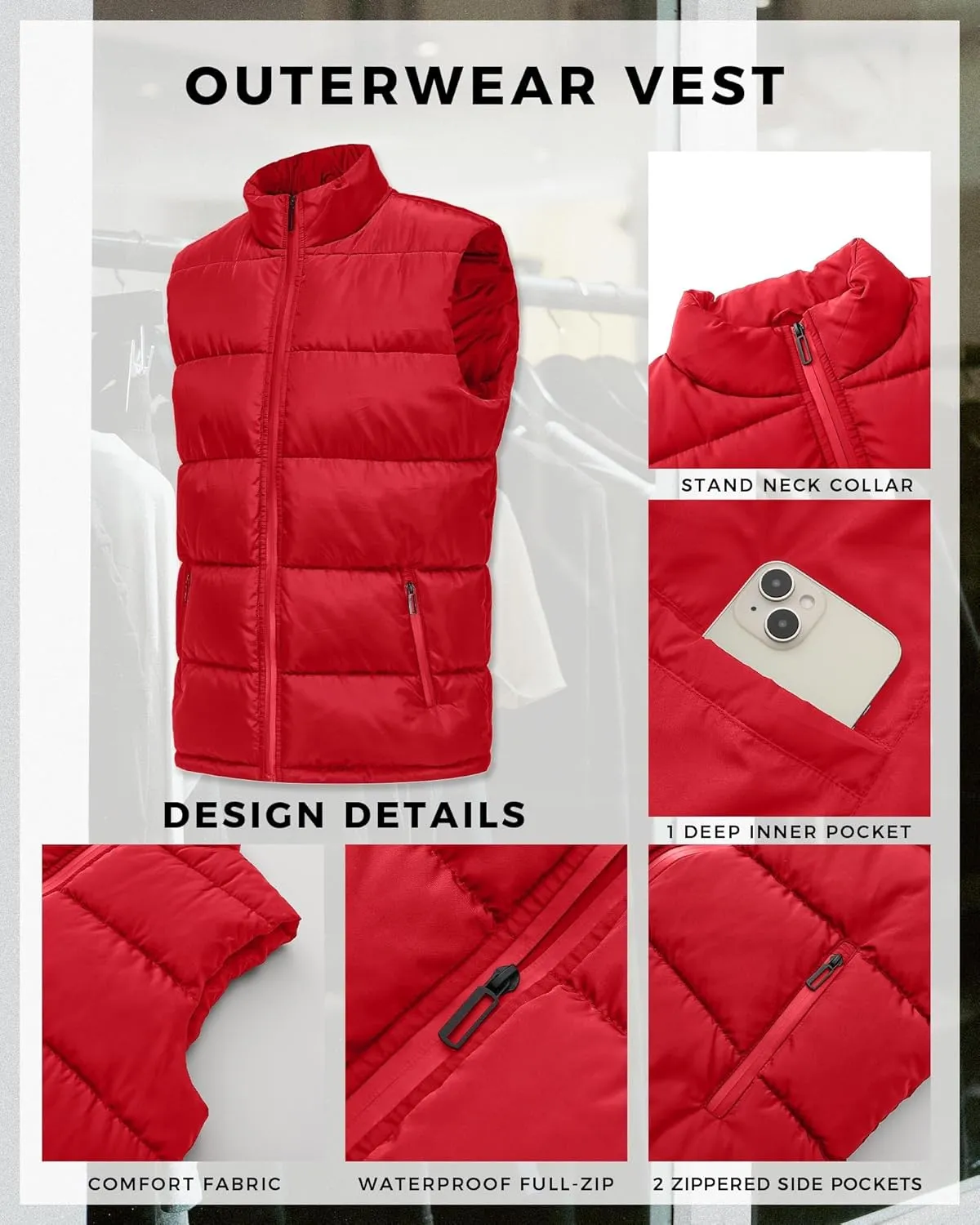 WHN Men's Puffer Vest Outerwear Winter Zipper Quilted Puffy Sleeveless Jacket Outdoor Size M to XXL