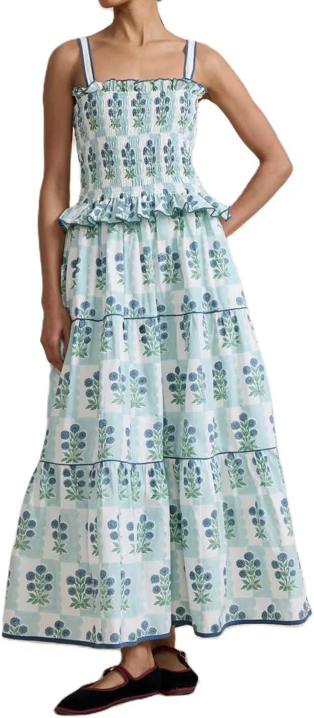 Women Summer Boho Tie Shoulder Dress Y2k Floral Smocked Flowy Long Dress Ruffle Tiered Beach Vocation Sundress