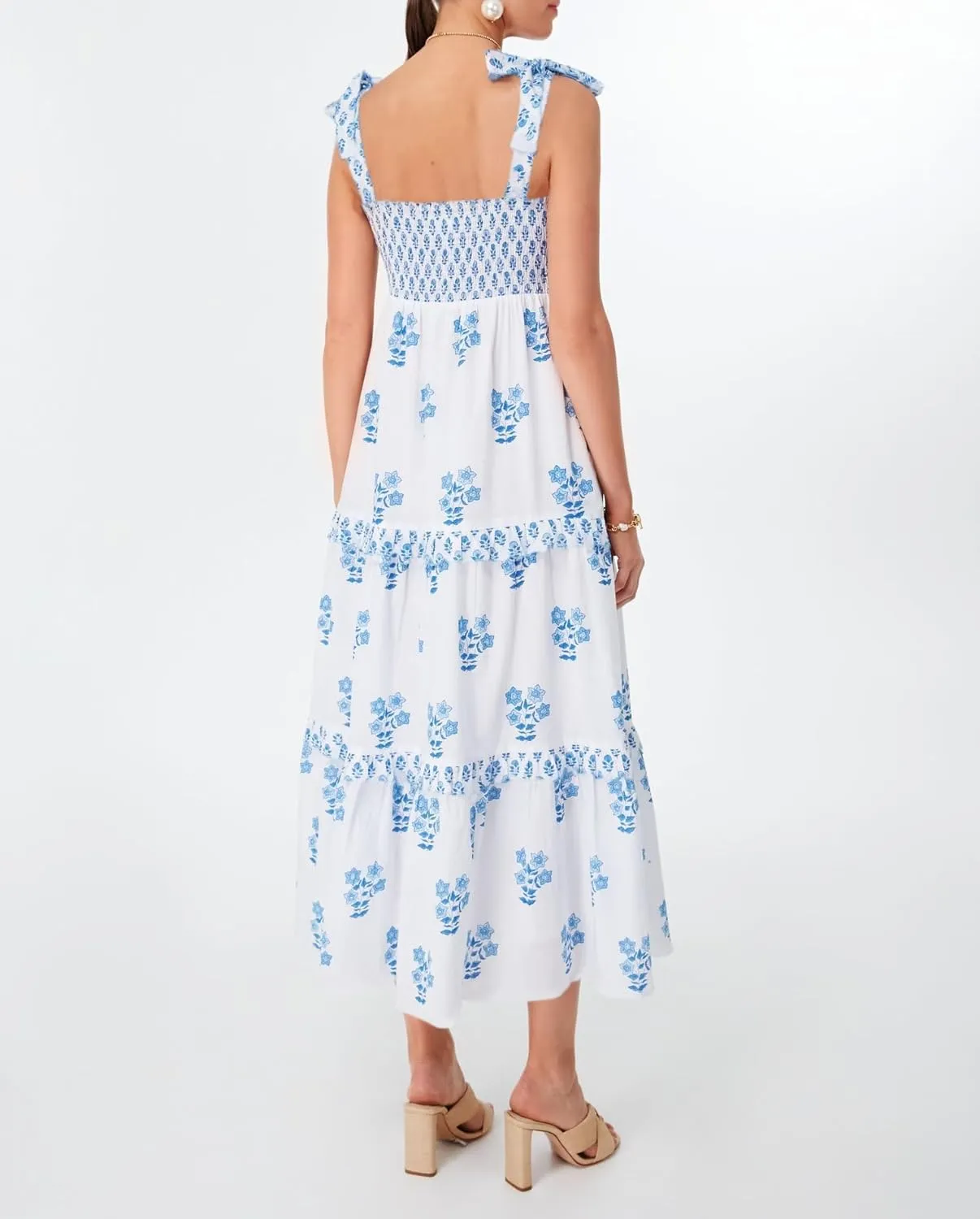 Women Summer Boho Tie Shoulder Dress Y2k Floral Smocked Flowy Long Dress Ruffle Tiered Beach Vocation Sundress