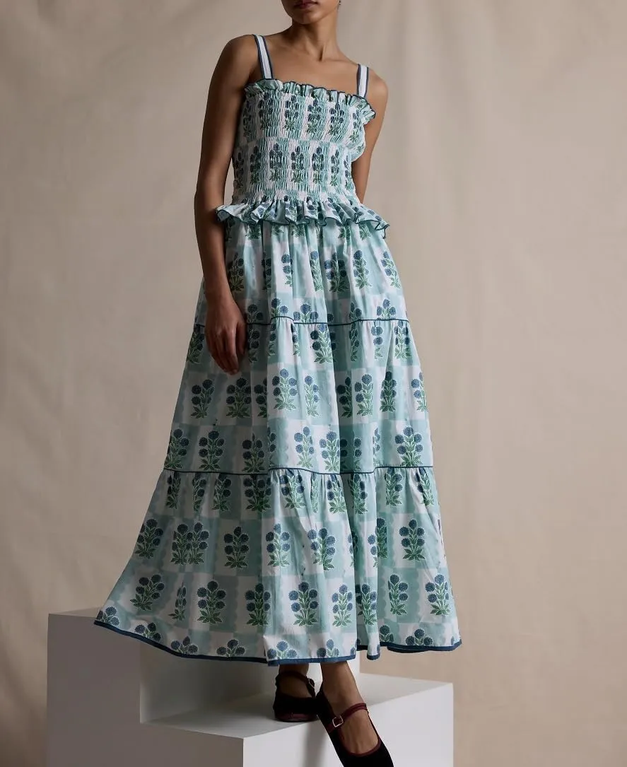 Women Summer Boho Tie Shoulder Dress Y2k Floral Smocked Flowy Long Dress Ruffle Tiered Beach Vocation Sundress